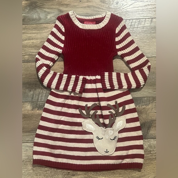 Jingle & Joy Girls Christmas Sweater Dress 5 / 6 Red Beige Stripe Deer Pocket - Picture 1 of 5